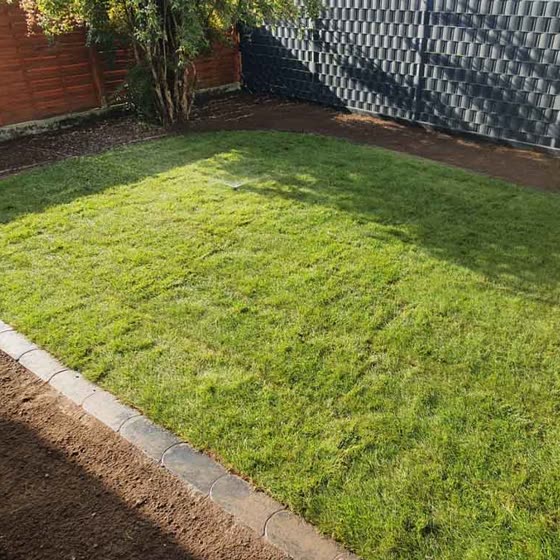 Neue Rasenfläche mit Pflasterkante im Garten